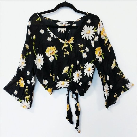 Patrons of Peace Tops - Floral Cropped Blouse & Bell Sleeves Peekaboo Back